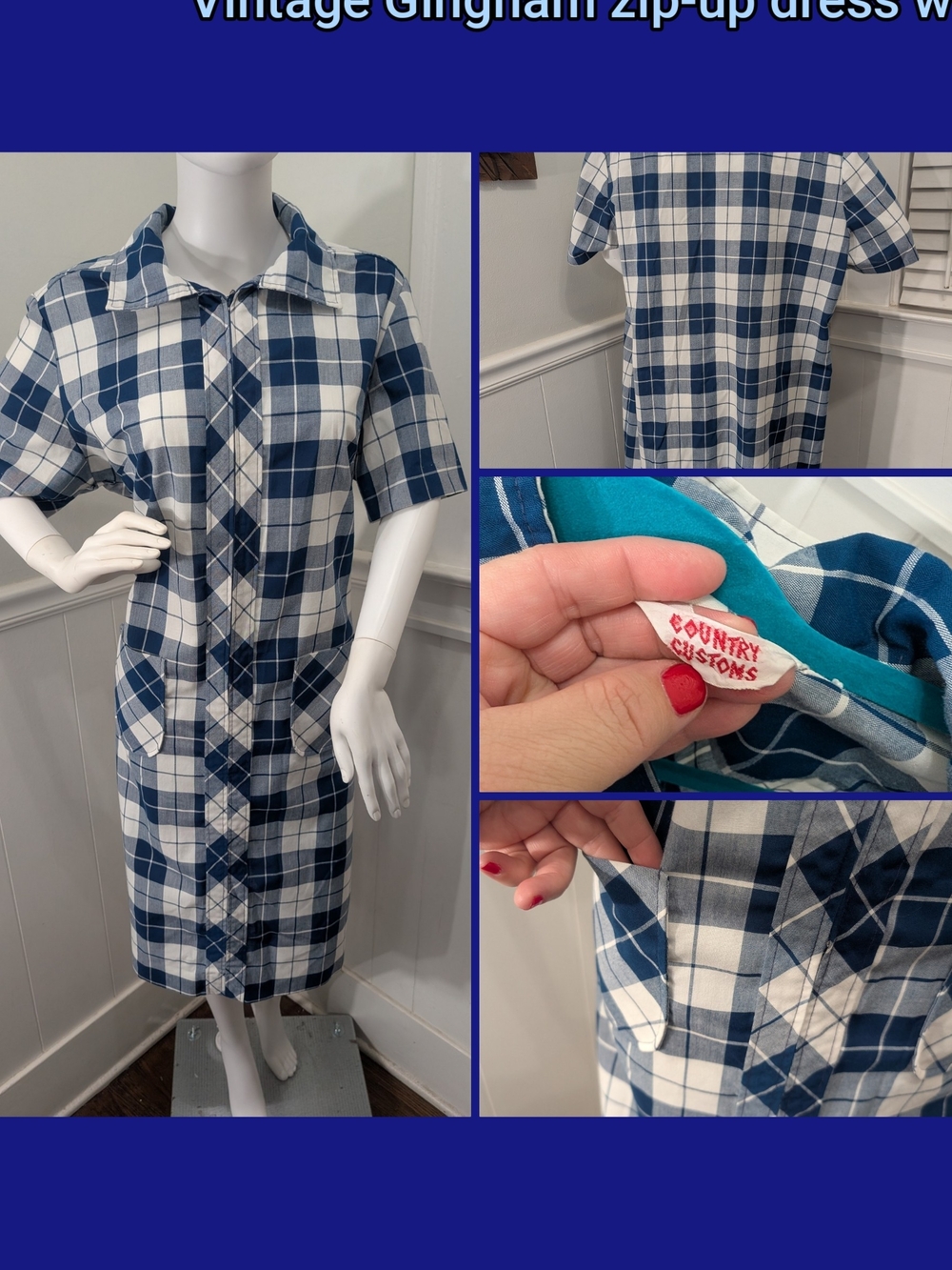 vintage Blue and White Gingham Zip-Up Women’s Dress W/ Pockets